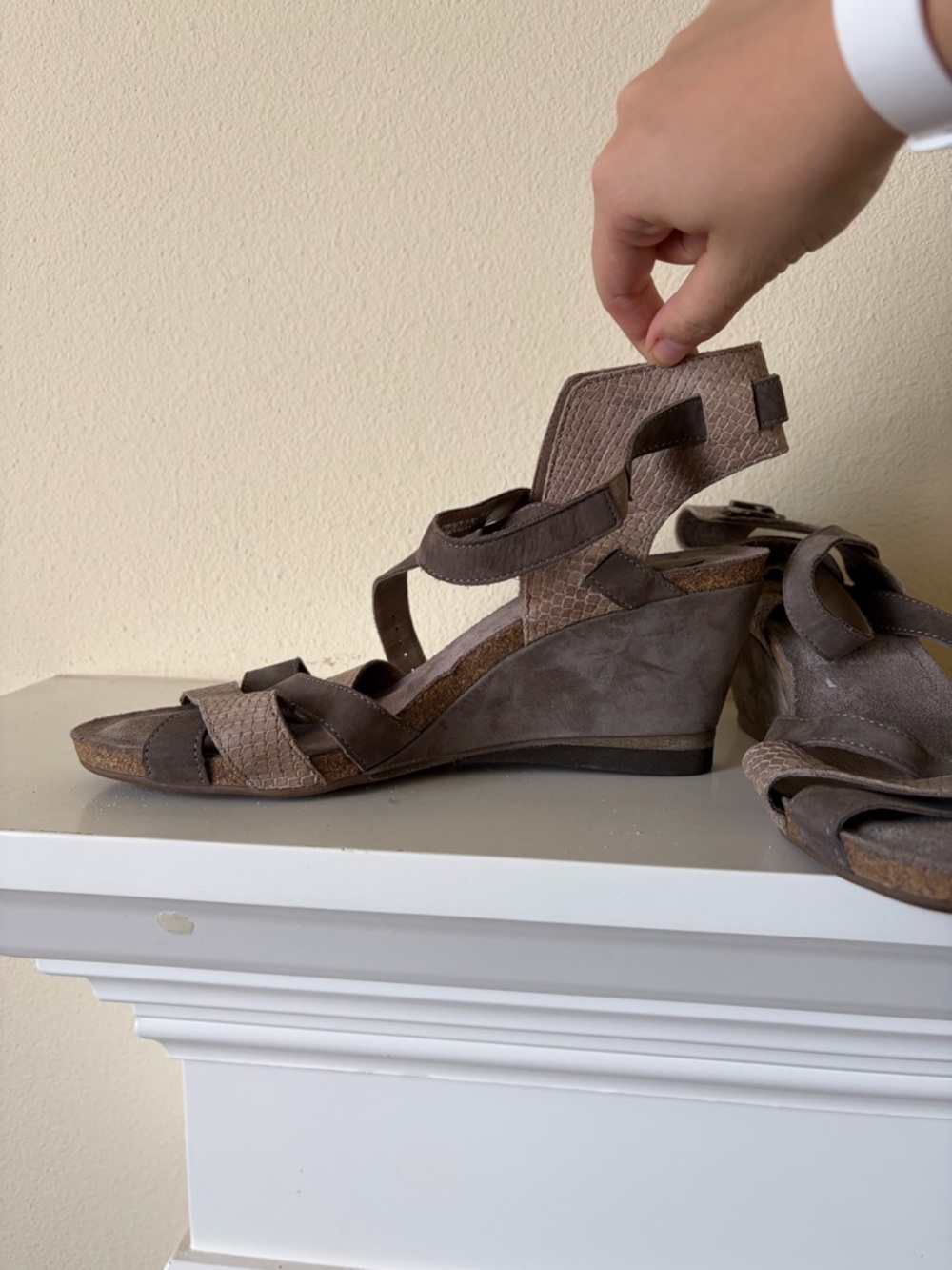 Mephisto Taupe Brown Wedge Sandals